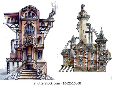 Set Steampunk Architecture Houses Lighthouses Metal Stock Illustration ...