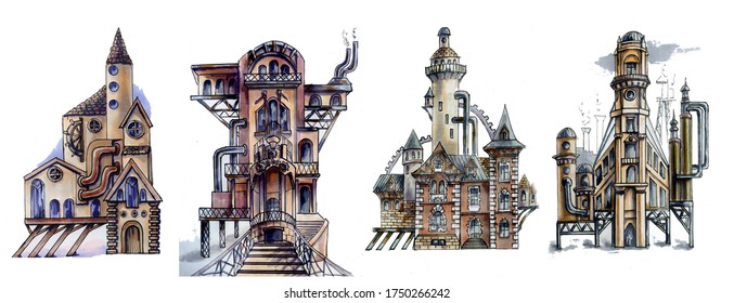 Set Steampunk architecture. Houses with a lighthouses and metal gears. Hand drawn watercolor sketch. Isolated over white background.  Fantastic steampunk houses. 