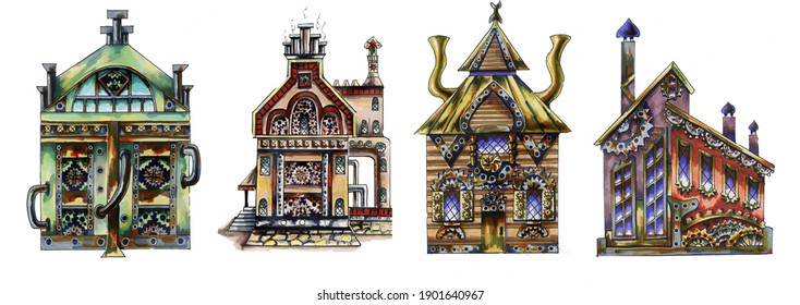 Set Steampunk architecture. Houses with a lighthouses and metal gears. Hand drawn watercolor sketch. Isolated over white background.Collection Fantastic steampunk houses isolated on a white background
