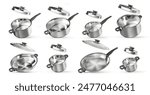 Set of steel saucepans on a white background. 3d illustration