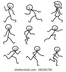 Set of stick figures: Happy stickman walking and running.