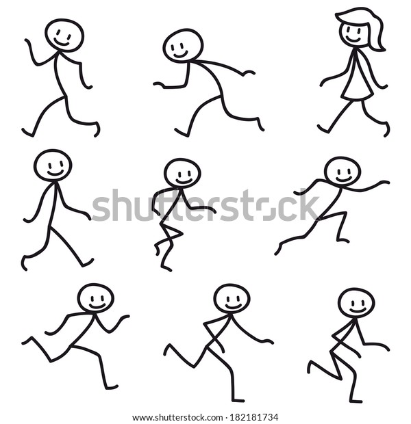 Set Stick Figures Happy Stickman Walking Stock Illustration 182181734