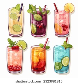 Set of stickers of alcoholic cocktails of different colors on a white background, graphic illustration of cocktails with straws
 - Powered by Shutterstock