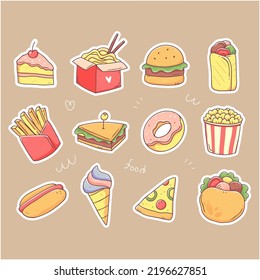 A Set Of Stickers With Fast Food. Junk Food In Doodle Style. Isolated Clipart Illustration