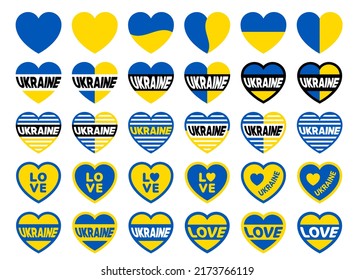 Set of stickers in the shape of a heart with the blue yellow color of the Ukrainian flag. Isolated illustration patriotic decor element for social media, card design with national symbol