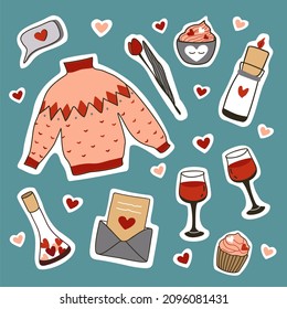 Set of stickers for Valentine's Day. Sweater, glasses of wine, hearts, a flower, a candle, a love letter,  a potion, a cake, pop-up, cacao, tulip, and flag. For the design of stickers. 