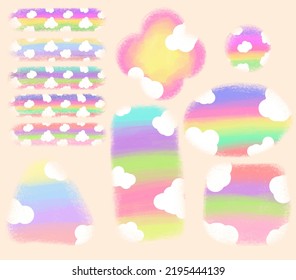 Set Of Sticky Notes And Tape Rainbow And Cloud Doodle Style.