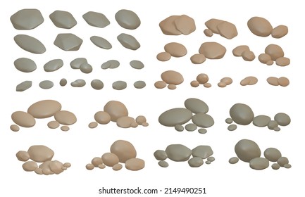 Set of stones in isometry. 3d illustration isolated on white background. Different stones, boulders, sea pebbles for games, decor and cartoons.