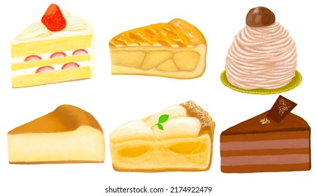 Set Of Strawberry Shortcake, Apple Pie, Mont Blanc, Cheesecake, Pear Tart, And Chocolate Cake