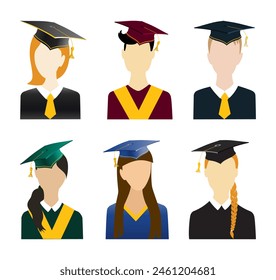 Set of student avatars in graduation ceremonial clothing. Boys and girls portraits n graduate hats and mantles. Jpeg isolated illustration - Powered by Shutterstock