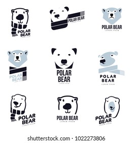 Set of stylized graphic polar bear logo templates. Collection of creative polar bear logotype templates, growth, development, power concept. Illustration on white background.