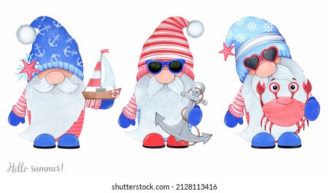 Set Of Summer Beach Gnomes. Anchor, Ship, Crab On A White Background. Watercolor Illustration.