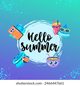 Set of summer beach items arranged in circle with quote Hello Summer inside. Collection of accesories for summer vacations. Vector illustration