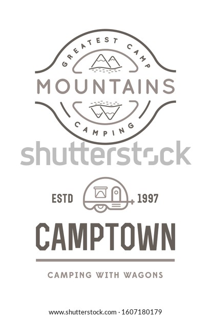 Set of Summer camp badges\
with design element. Raster. Vintage design with rv trailer and\
Mountains.