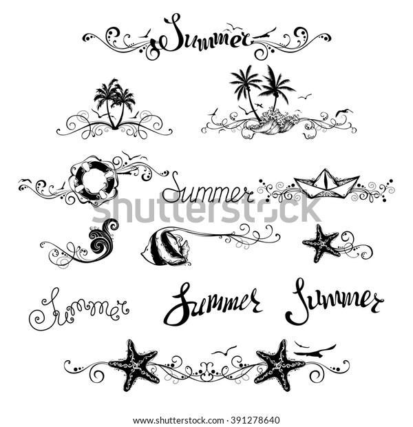 Set of summer design elements and page\
decorations. Vintage ornaments, page dividers and summer lettering\
for your tropical\
design.