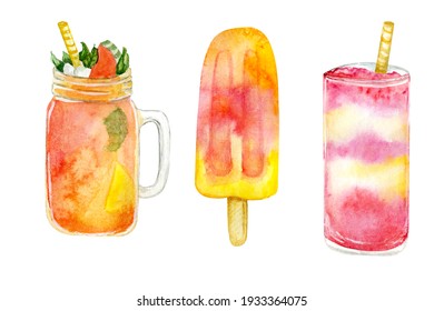 Set Of Summer Fresh Cocktail With Ice And Straw In Glass Jar, Popsicle On Stick. Cold Drink, Ice Cream. Watercolor Hand Drawn Elements. Isolated On White Background. 