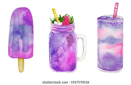 Set Of Summer Fresh Cocktail With Ice And Straw In Glass Jar, Popsicle On Stick. Violet Cold Drink, Ice Cream. Watercolor Hand Drawn Elements. Isolated On White Background. 