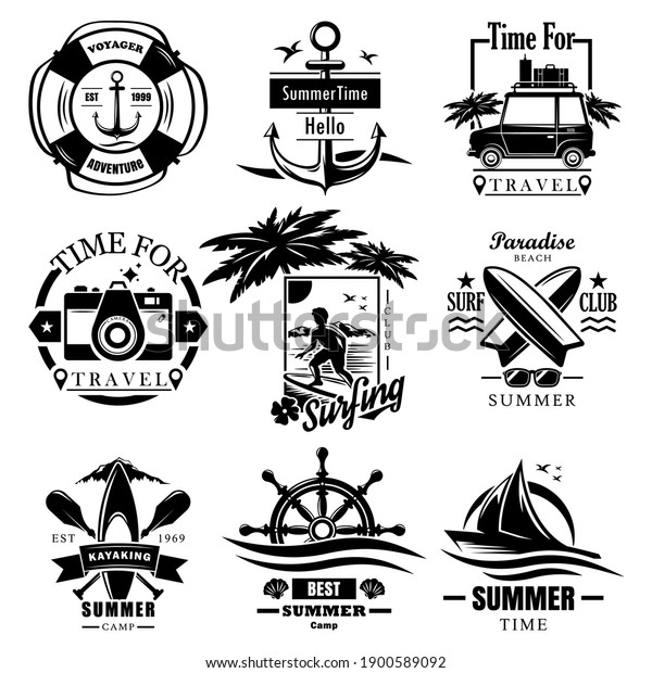 set of summer holidays, cruise\
vacation, road trip, kayaking and surfing water sports activities\
vintage monochrome logos, emblems, labels and\
badges.