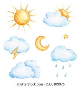 Set With Sun And Clouds; Watercolor Hand Drawn Illustration; With White Isolated Background