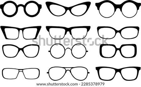  set of sun glasses isolated on white background. Multiple frames Sunglasses, glasses. Silhouettes for Various shapes and styles. Stok fotoğraf © 