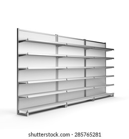 Set Of Supermarket Shelves In Perspective. Render