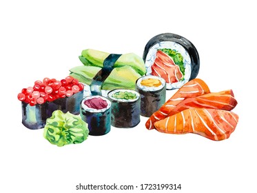 Set of sushi on white background. Watercolor illustration.