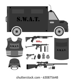 Set Of Swat, Police Gear. Swat Bus, Shield, Helmet, Shotgun, Submachine Gun, Sniper Rifle, Bullets, Three Variations Of Grenades, Bulletproof Vest And Pistol. Isolated Flat Style