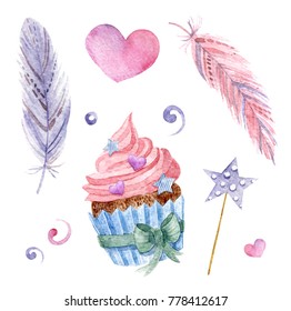 Set of sweet pink elements: heart, cupcake, feather - Powered by Shutterstock