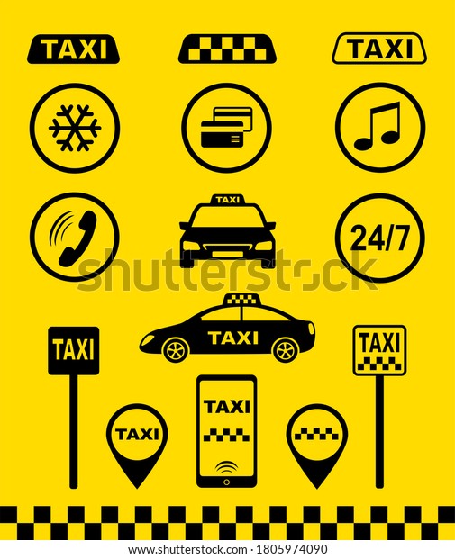 set of\
taxi icons with car, passenger, sign of taxi stop, smartphone with\
application on yellow checkered\
background