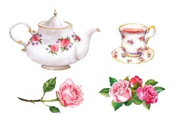 Set Of Tea Cup, Pot And Rose Flowers. Watercolor Collection Of Vintage Teapot, Teacup And Red, Pink Roses. Water Paint