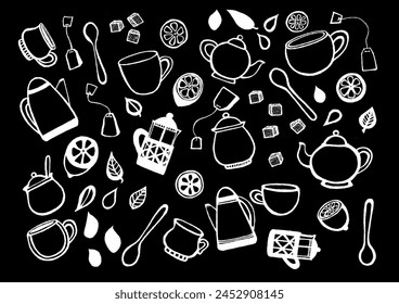 A set of tea party elements. White outline. Doodle. Isolated on black background. Teapots, cups, spoons, French press, sugar bowls, lemons, leaves, sugar cubes, tea bags.