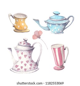 Set of teacups and teapots painted by watercolor. Hand drawn illustration. - Shutterstock ID 1182553069