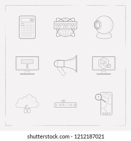 Set Of Tech Icons Line Style Symbols With Computer Widget, Real Time Location, Www Address And Other Icons For Your Web Mobile App Logo Design.