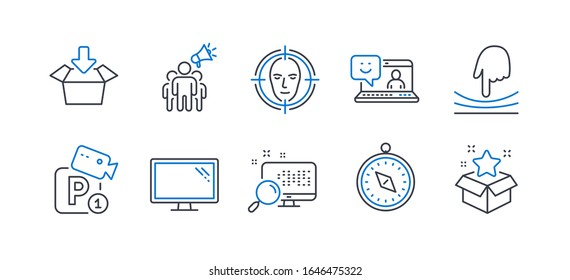 Set Of Technology Icons, Such As Elastic, Travel Compass, Monitor, Search, Brand Ambassador, Smile, Get Box, Face Detect, Parking Security, Loyalty Program Line Icons. Line Elastic Icon.