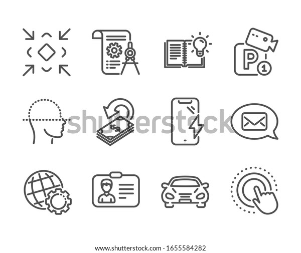 Set of Technology icons, such as Globe, Smartphone\
charging, Product knowledge, Divider document, Parking security,\
Face scanning, Identification card, Cashback, Click hand, Minimize,\
Car.