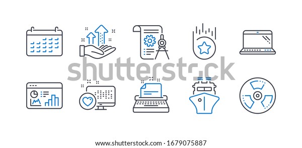 Set of Technology icons, such as Laptop, Heart,
Typewriter, Ship, Seo statistics, Analysis graph, Loyalty star,
Divider document, Calendar, Chemical hazard line icons. Computer,
Social media.