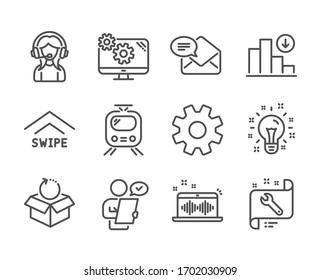 Set Of Technology Icons, Such As Support, Spanner, Service, New Mail, Swipe Up, Train, Music Making, Decreasing Graph, Customer Survey, Idea, Return Package, Settings Line Icons. Support Icon.