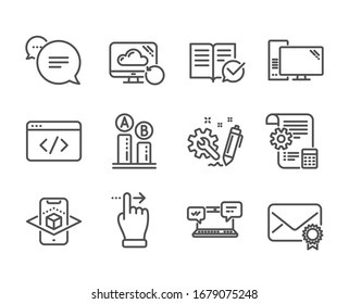 Set of Technology icons, such as Verified mail, Text message, Engineering, Settings blueprint, Augmented reality, Ab testing, Recovery cloud, Seo script, Approved documentation, Computer.