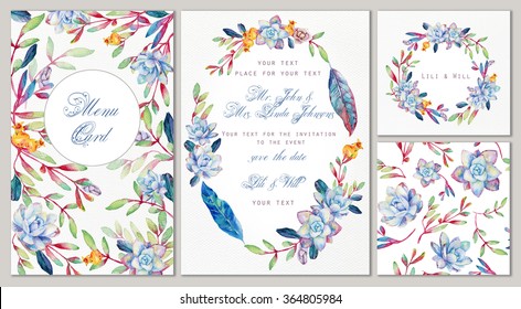 Set of templates for celebration, wedding. Watercolor blue succulents, red leaves. Invitation card, menu, round frame, seamless pattern on watercolor paper background. Vintage design.   - Powered by Shutterstock