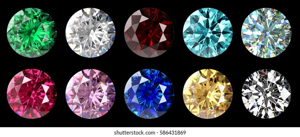 Set of ten colorful classic round brilliant cut gems, top view isolated objects on black background.  3D rendering illustration