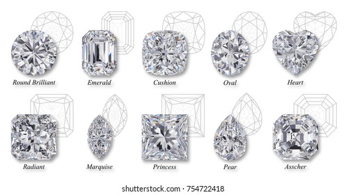 Set of ten the most popular diamond cuts and shapes, isolated top view on white background with design names and schematic diagrams. 3D rendering illustration
