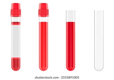 Set of test tubes. Test Tubes with blood and empty. 3D rendering isolated on white background