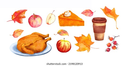 Set Of Thanksgiving Elements - Pumpkin Pie, Cooked Turkey, Coffee Cup, Autumn Leaves, Apples. Watercolor Cozy Collection For Thanks Giving Food Design