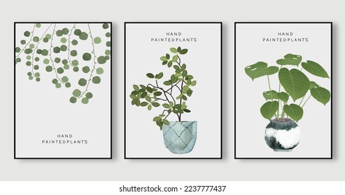 A set of three abstract creative vase leaves. Minimalist hand drawn botanical illustration for wall decoration, wallpaper, poster, card, mural, rug, hanging picture, print etc.