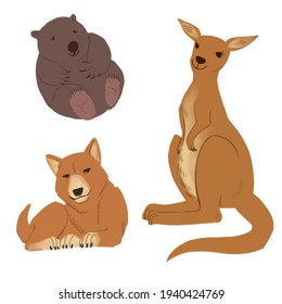 Set Of Three Australian Animals: Dingo, Kangaroo, Wombat