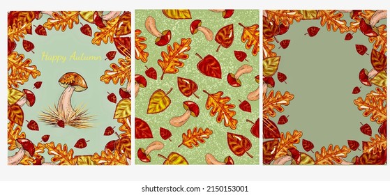 Set of three autumn backgrounds with mushrooms and leaves, forest background cards, copy space, illustrations, hand drawn, seamless texture and frames