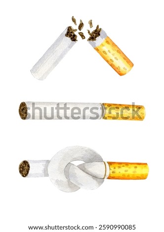 Set of three cigarettes, elements, Cigarette tied in a knot, White classic with yellow filter, broken cigarette. Drawn by grandma with watercolors. Smoking is bad. Motivation to quit smoking. For post
