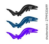 A set of three colorful eel illustrations swimming in black, blue, and purple.