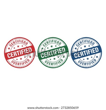 A set of three distinct round certified stamps in red, green, and blue, featuring a grunge effect, indicating quality assurance or official endorsement.