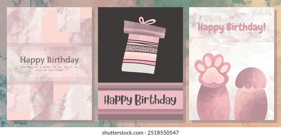 Set three Elegant Happy Birthday Cards. Creative type 1 pink greeting card. Vector illustration background. Colourful minimalist design Anniversary Birthday Cards. Aesthetic Bornday celebration card - Powered by Shutterstock